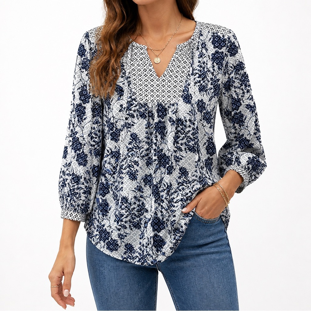 NYDJ Blue White Floral Boho Peasant Blouse Size Small Lightweight Top